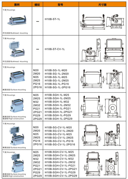 Shells for Equipment Power H10B-ST-CV-1L Heavy Duty Connectors Compact Housing Series Top Entry Protective Hoods