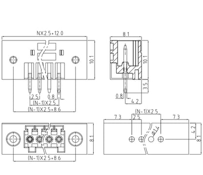 QS-250VF Automotive PCB Terminal Blocks 2.50mm Pitch 2-24P 300V 10A Copper Green High Strength Screw Connector Flange Plug