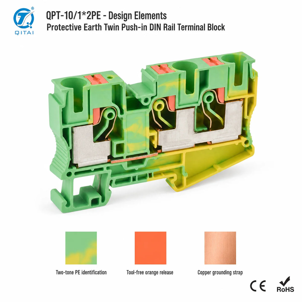 QPT-10/1*2PE Ground Terminal Block 10mm2 Protective Earth One in Two Out 10.2x67.7x50.5mm 1000V 57A for Cabinet Grounding
