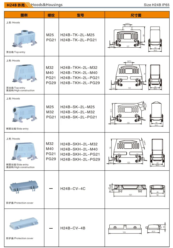 H24B-SKH-2L-M32 Heavy Duty Industrial Connector Aluminum Housing Copper Contacts Compact Series Top Entry Protective Hood