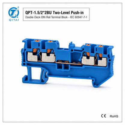 QPT-1.5/2*2BU Blue 4 Contacts Terminal Block 1.5mm2 500V 17.5A Push-in DIN Rail for Marshalling Cabinet Wiring