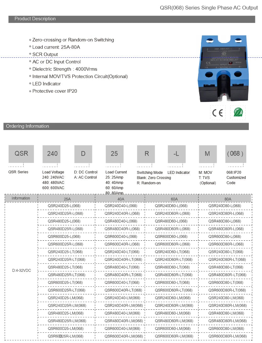 QSR380D25-LM(068) TRIAC or SCR Output  DC VC SSR  LED Single Phase Solid State Relay