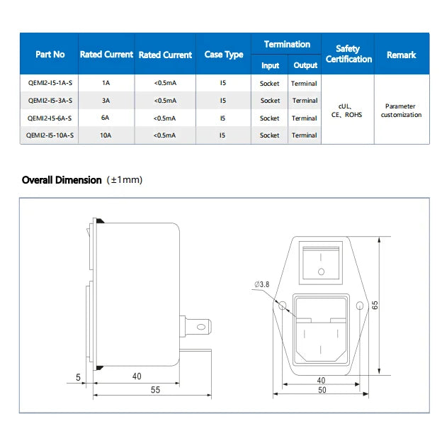 QEMI2-I5 Single-phase AC Power Filter General Purpose IEC Connector Filter 3a 6a 10a Suppressor Power Line Noise Filter Socket