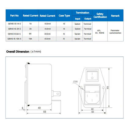 QEMI2-I5 Single-phase AC Power Filter General Purpose IEC Connector Filter 3a 6a 10a Suppressor Power Line Noise Filter Socket