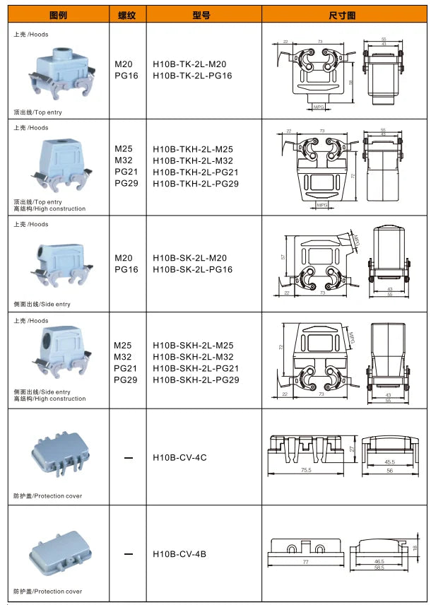 Industrial Power Supply H10B-SKH-2L-M25 Male/Female Heavy Duty Connector Compact Series Top Entry IP65 Aluminum Housing Copper
