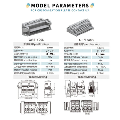 QNS QPN 3.50/5.0mm 2 to 24 Pin Wire Connector Screw-Free Male to Female MCS Plug-In Terminal Block Pluggable Pcb Board Terminal