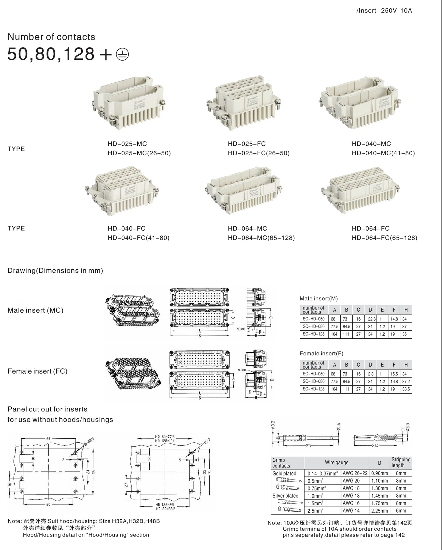 HD-040 Heavy Duty Connector 40P 250V 10A FC Crimp HD Series HD 40 Poles Crimped Contact Male Female Insert