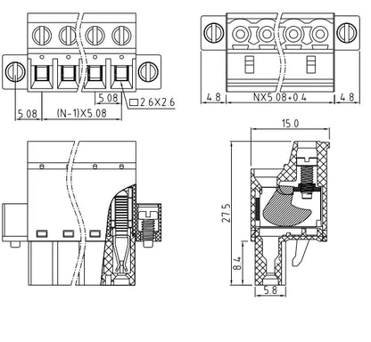 QPZ-508F 5.08mm Pitch 2-24P 300v 15A M2.0 Screw Green High Strength QPZ Series Plug PCB Terminal Blocks With Flange