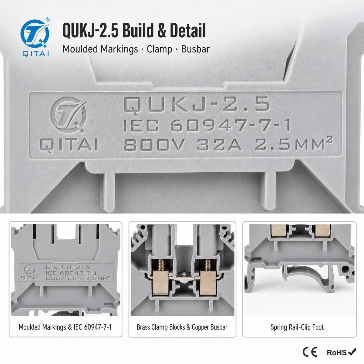 QUKJ-2.5 800V 24A DIN Rail Screw Feed-Through Terminal Block 0.2-2.5mm2 Nickel-Plated Copper PA66 CE RoHS for Control Cabinet