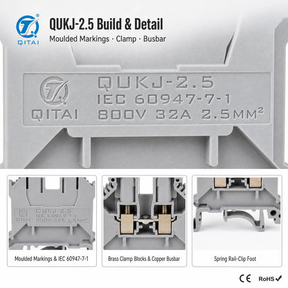 QUKJ-2.5 800V 24A DIN Rail Screw Feed-Through Terminal Block 0.2-2.5mm2 Nickel-Plated Copper PA66 CE RoHS for Control Cabinet