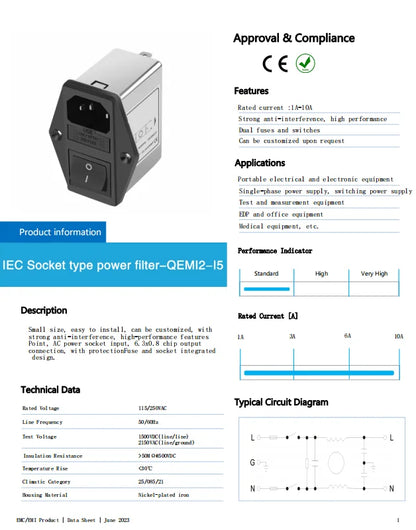 QEMI2-I5 Single-phase AC Power Filter General Purpose IEC Connector Filter 3a 6a 10a Suppressor Power Line Noise Filter Socket