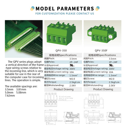 QPV-350 3.5mm Pcb Terminal Block Pluggable Terminal Block 6 Pin Screw Terminal 2-24P Customization Male and Female Connection