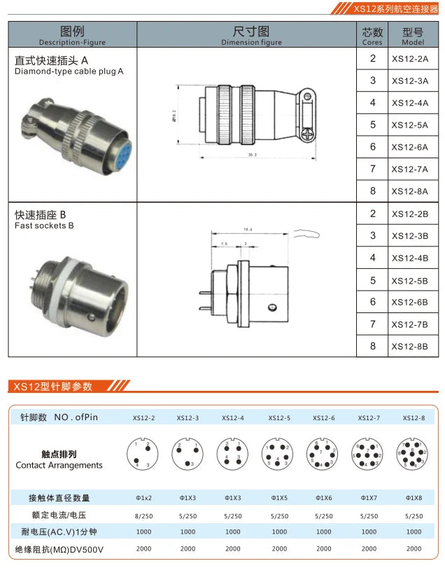 X12-8A Diamond-type Male/Female Industrial Waterproof Power Electrical Connector 2-8P Multi Application