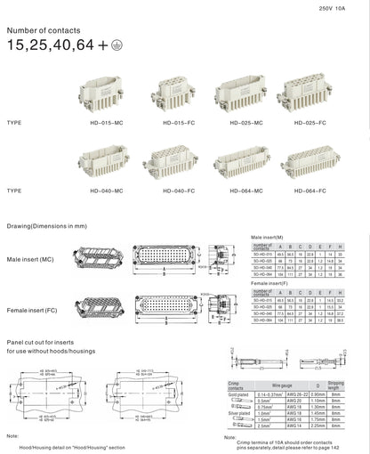 HD-050 Heavy Duty Connector Insert, 250V 10A MC Male/FC Female, Crimp Terminal Industrial Automation Panel Mount Connector