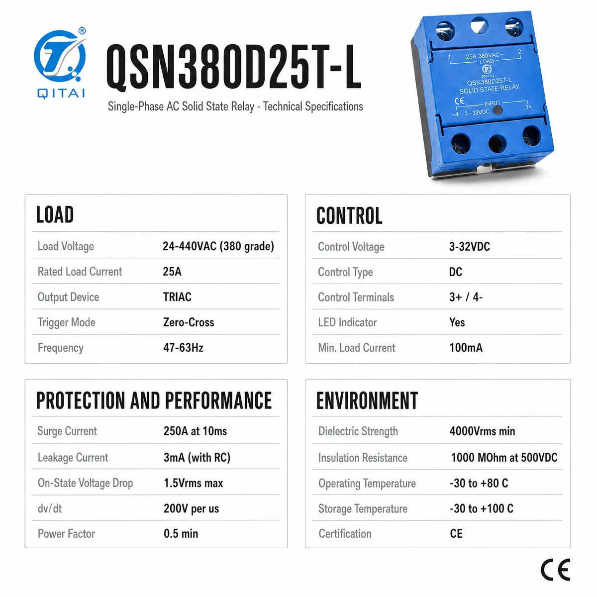 QSN380D40T-L Single Phase Solid State Relay 40A 380VAC DC Control TRIAC Zero Cross LED for Industrial Automation