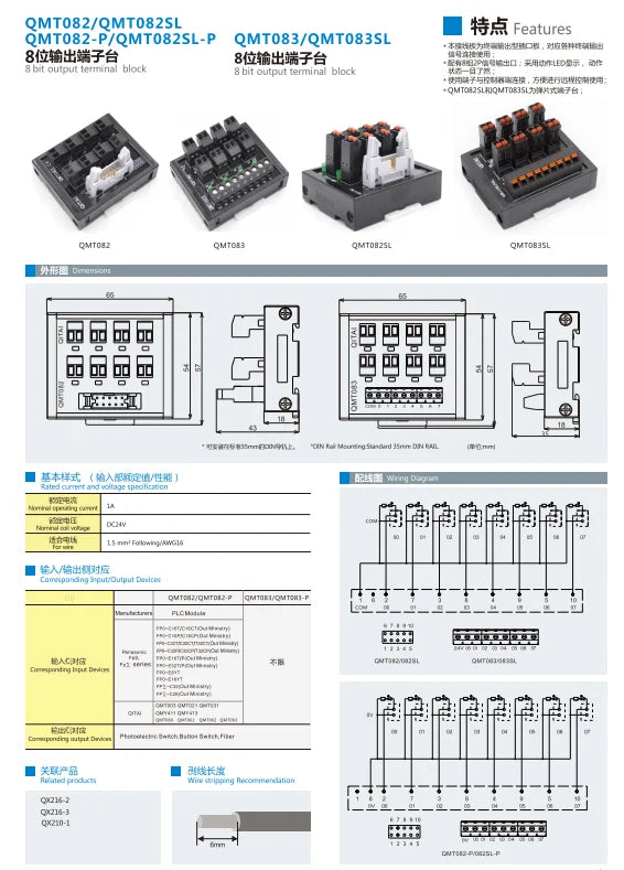 QMT082SL High Efficiency 8 Bit Output DIN Rail Terminal Block DC24V 1A PLC Module Push-In Connection with LED Light
