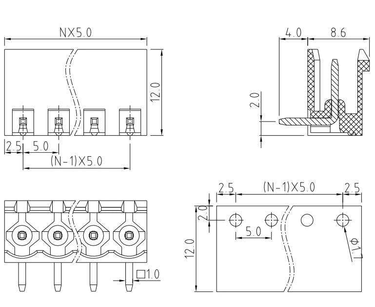 QS-500R PCB Terminal Blocks 5.00mm Pitch 2-24P 300V 15A Green High Strength Screw Connector
