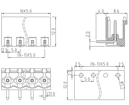 QS-500R PCB Terminal Blocks 5.00mm Pitch 2-24P 300V 15A Green High Strength Screw Connector
