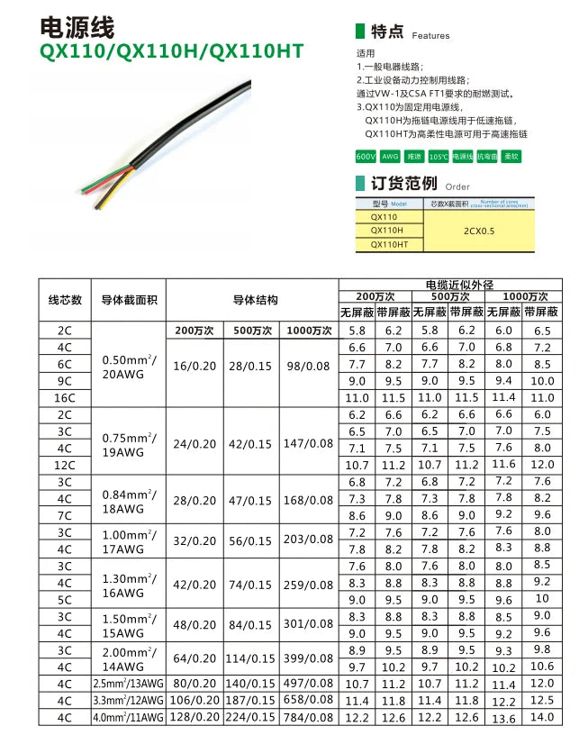 QX110  11AWG-20AWG FEP Insulated Tinned Copper Wire Flexible Cable High Temperature Electrical Wires