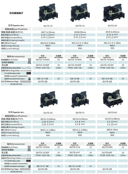 QUTD-32 Screw Terminal Block Double Pole Screw Terminal DIN Rail Mount Connection Terminal Industrial Terminal Block