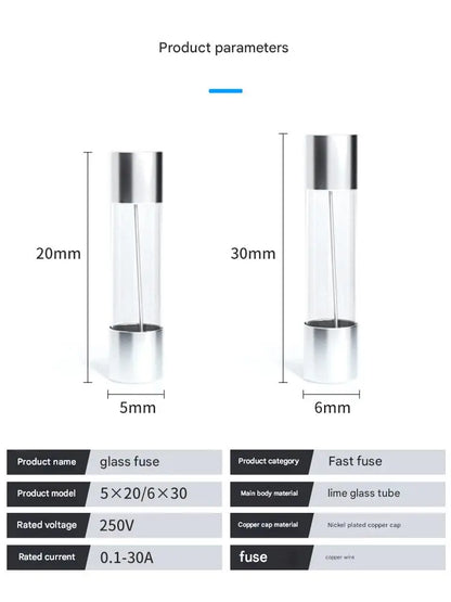 5*20mm  Fast-blow Glass Fuse High Breaking Capacity Metal Glass Tube Fuses 1A 2A 3A 4A 5A 6.3A