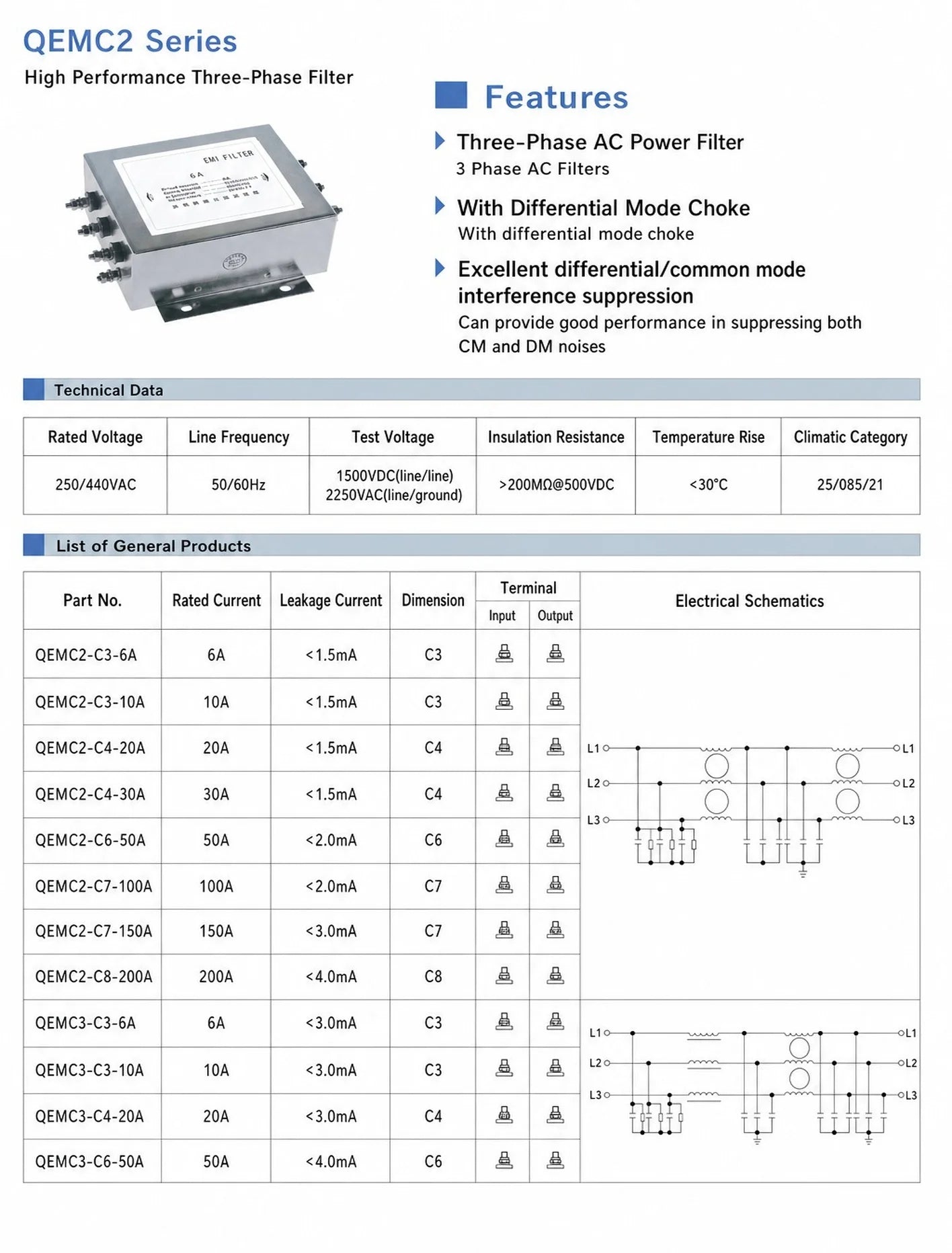 QEMC2 Series 3 Phase EMI Filter with Differential Mode Choke 250/440VAC 6A-200A Stud Terminal for VFD Inverter