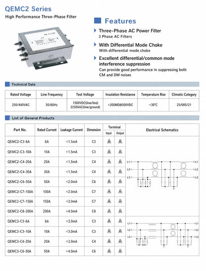 QEMC2 Series 3 Phase EMI Filter with Differential Mode Choke 250/440VAC 6A-200A Stud Terminal for VFD Inverter