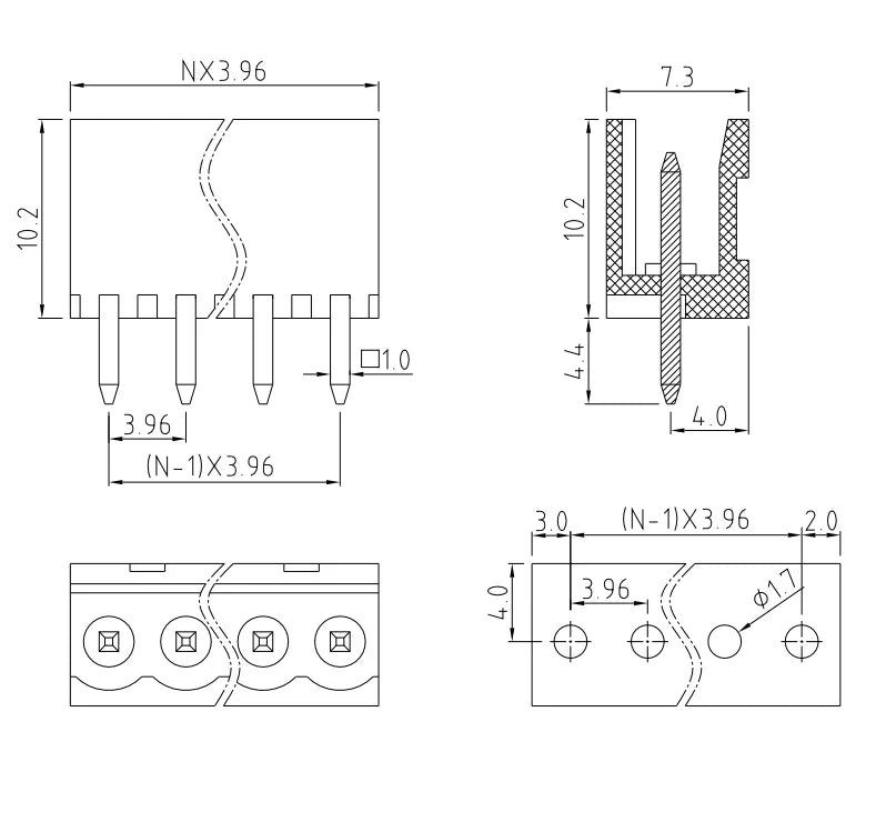 QS-396V PCB Terminal Blocks 3.96mm Pitch 2-24P 300V 10A Green High Strength Screw Connector