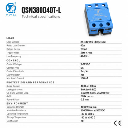 QSN380D40T-L Single Phase Solid State Relay 40A 380VAC DC Control TRIAC Zero Cross LED for Industrial Automation