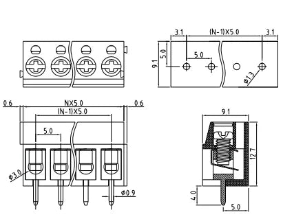 QTB-250V Compression Crimp Screw Terminal Blocks 250V 15A PA66 PCB Connector 5.00mm Pitch 2P-24P