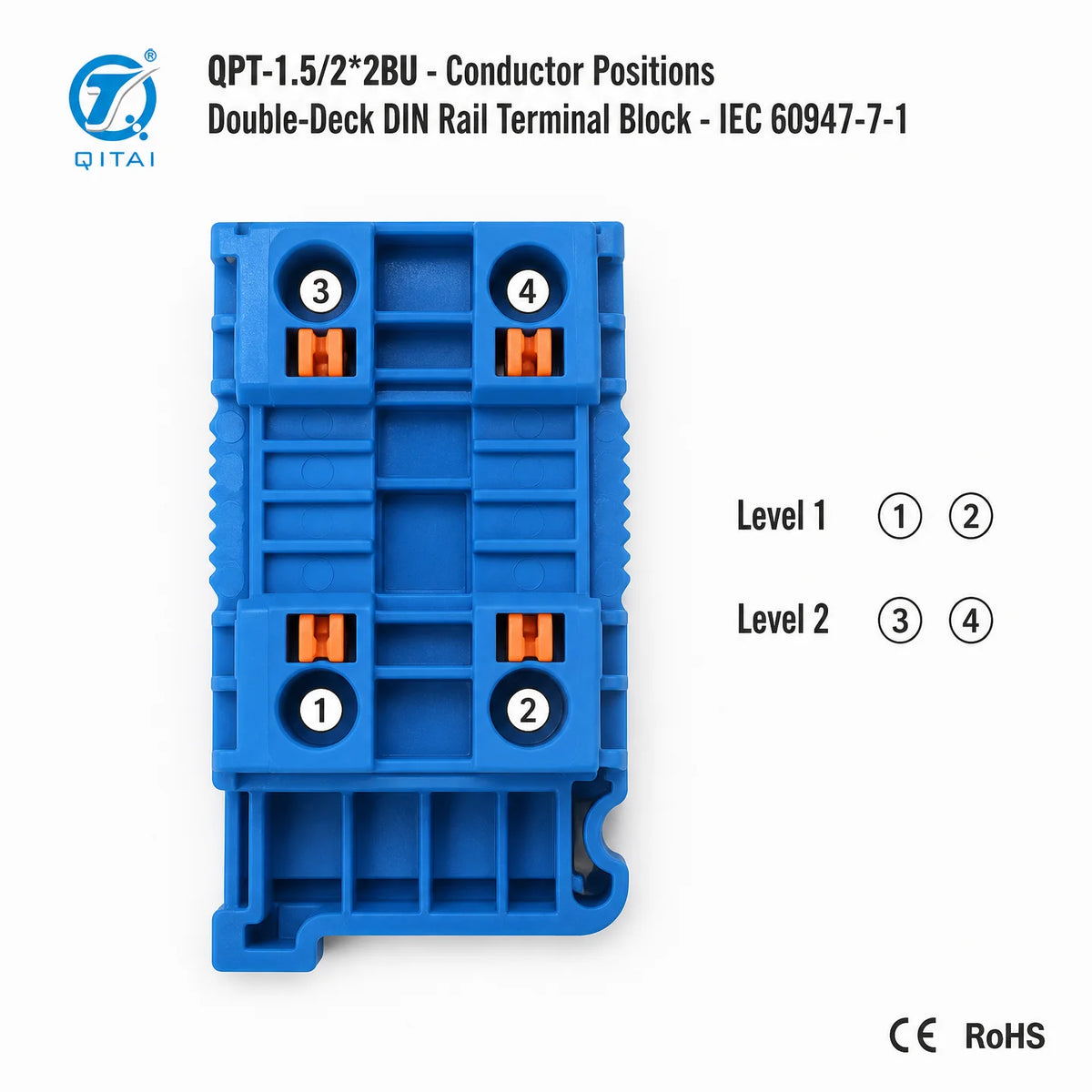 QPT-1.5/2*2BU Blue 4 Contacts Terminal Block 1.5mm2 500V 17.5A Push-in DIN Rail for Marshalling Cabinet Wiring