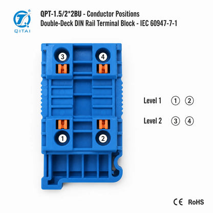 QPT-1.5/2*2BU Blue 4 Contacts Terminal Block 1.5mm2 500V 17.5A Push-in DIN Rail for Marshalling Cabinet Wiring