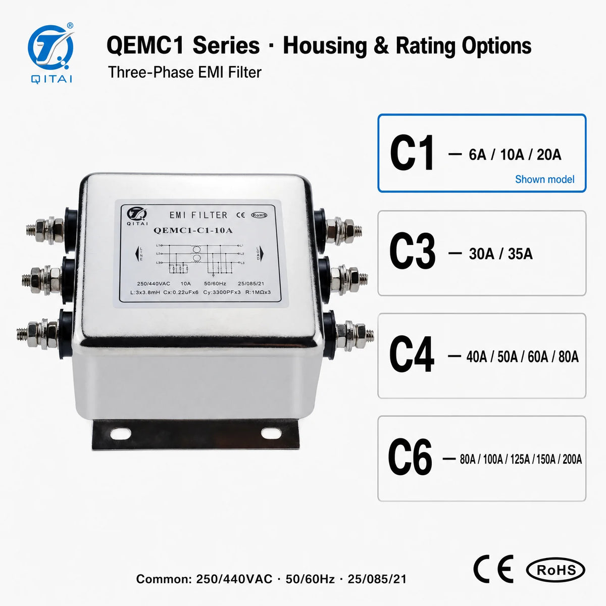QEMC1-C1-10A Three Phase General Purpose EMI Filter 10A 250/440VAC Stud Terminal for Industrial Control Cabinet