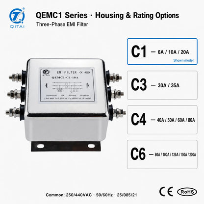 QEMC1-C1-10A Three Phase General Purpose EMI Filter 10A 250/440VAC Stud Terminal for Industrial Control Cabinet