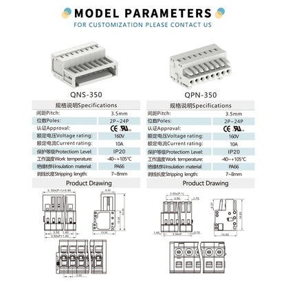 QNS QPN 3.50/5.0mm 2 to 24 Pin Wire Connector Screw-Free Male to Female MCS Plug-In Terminal Block Pluggable Pcb Board Terminal