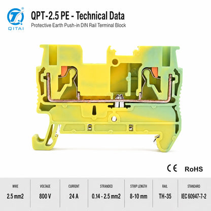 QPT-2.5PE Ground Terminal Block 2.5mm2 DIN Rail Protective Earth Green Yellow Push-in 800V 24A TH35 for PE Wiring