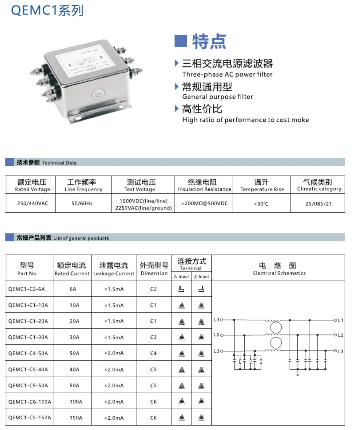 General Purpose Filter Three-Phase AC Power Filter 30A  Power Filter with Plug-In Connection