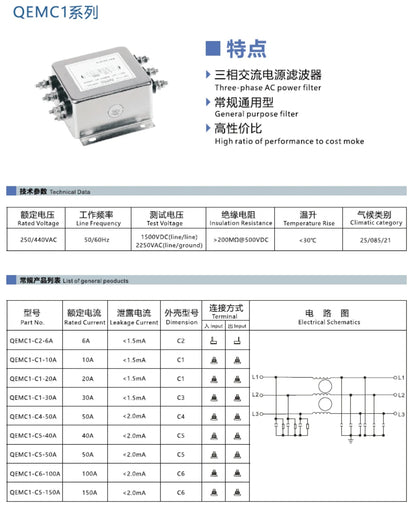 General Purpose Filter Three-Phase AC Power Filter 30A  Power Filter with Plug-In Connection