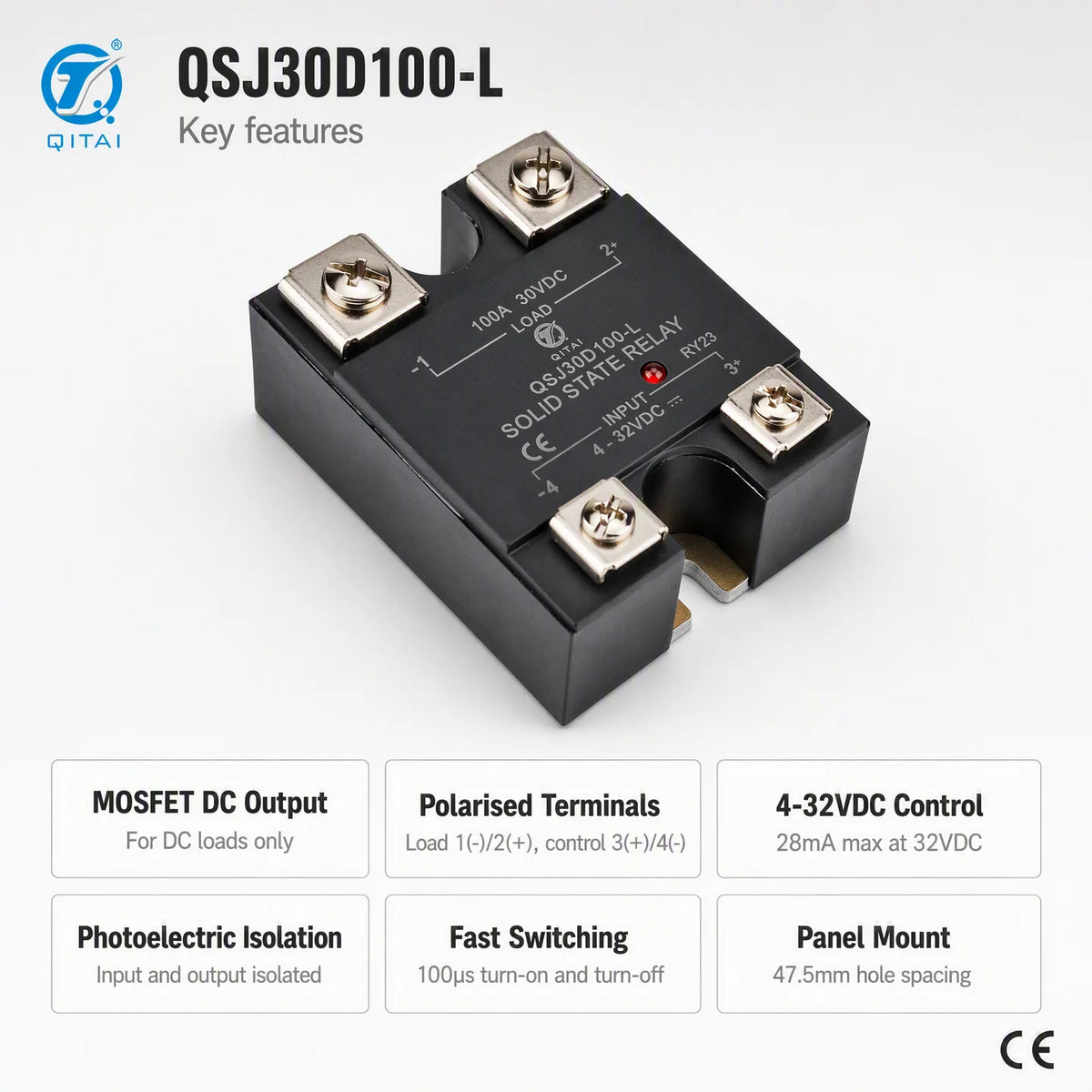 QSJ30D100-L DC Solid State Relay 100A 0-30VDC MOSFET Output Single Phase SSR Opto Isolated Panel Mount for DC Heating