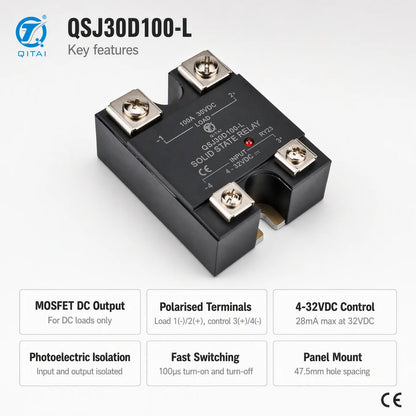 QSJ30D100-L DC Solid State Relay 100A 0-30VDC MOSFET Output Single Phase SSR Opto Isolated Panel Mount for DC Heating