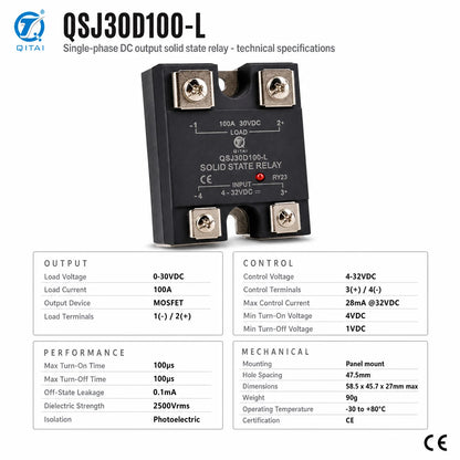 QSJ30D100-L DC Solid State Relay 100A 0-30VDC MOSFET Output Single Phase SSR Opto Isolated Panel Mount for DC Heating