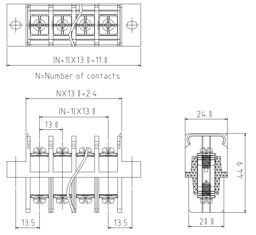 QTCQ-130 Barrier Strip 13mm Pitch 2-16Pole 600V 50A 8-22AWG 2500VAC Barrier Terminal Block with Cover Screw Down Termination