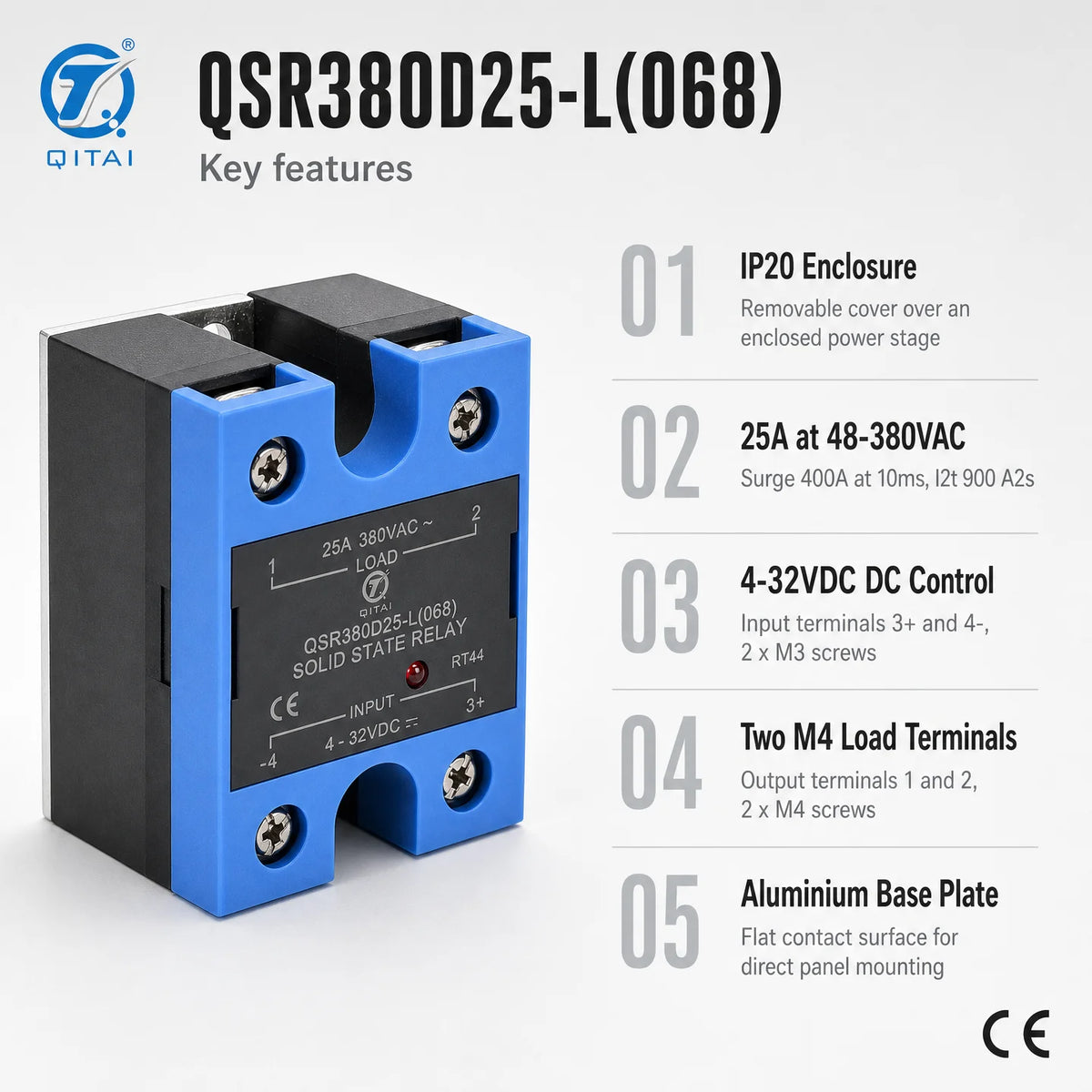 QSR380D25-L(068) Sealed Single Phase Solid State Relay 25A 48-380VAC IP20 SCR Output Zero Cross LED for Plastic Machinery