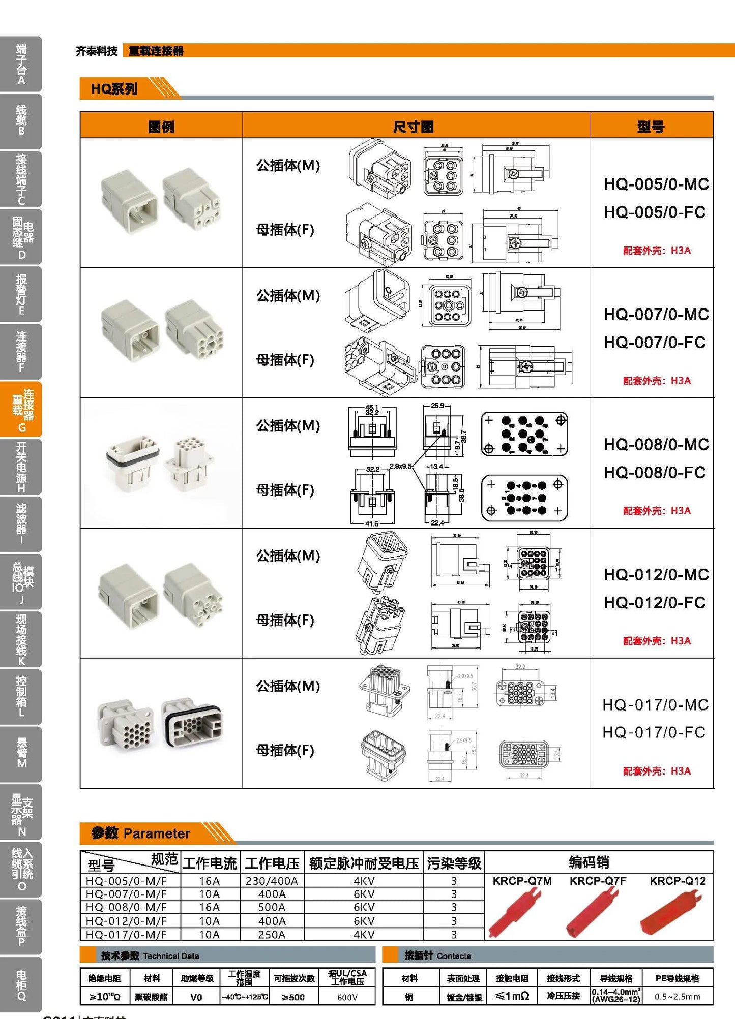 HQ-004/2-MC  DC Power Connector Type and Male Coaxial DC Plug HQ Compact Series Heavy Duty Connector Crimp Terminal Male Insert