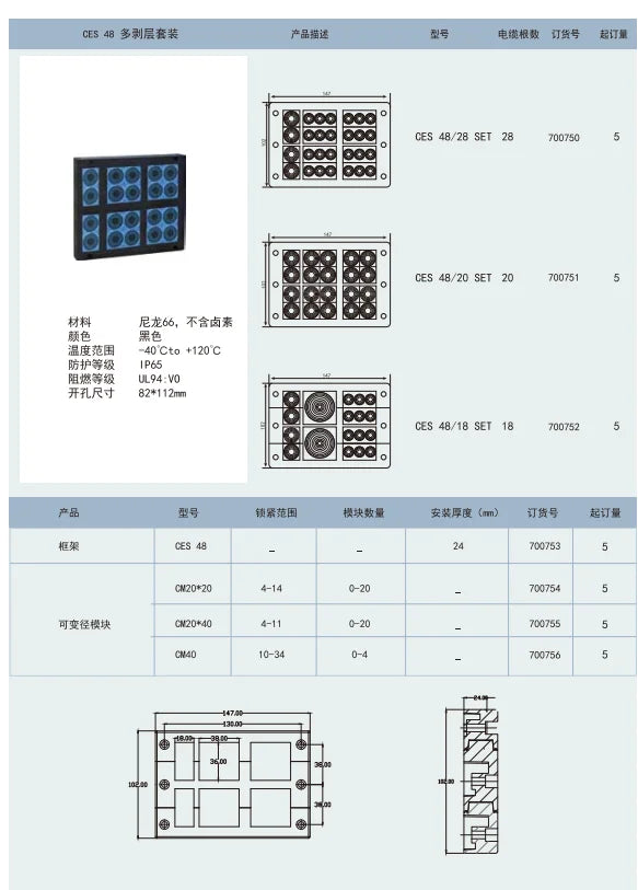 CES 48/20 SET  Cable Entry Systems Variable Diameter Sealing Frame Pre-Cut Cable Entry Plate Sealing Solution KPL 48/20C