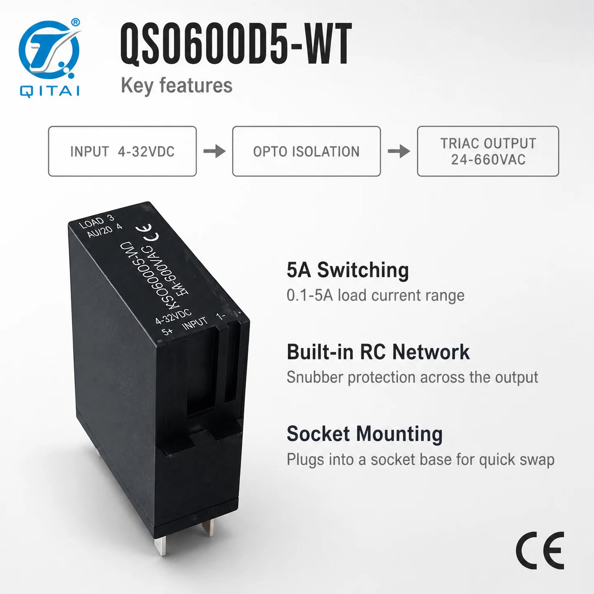 QSO Series 5A 240VAC 600VAC AC Output SSR Module TRIAC Socket Base DIN Rail Built-in RC for Solenoid Valve Control