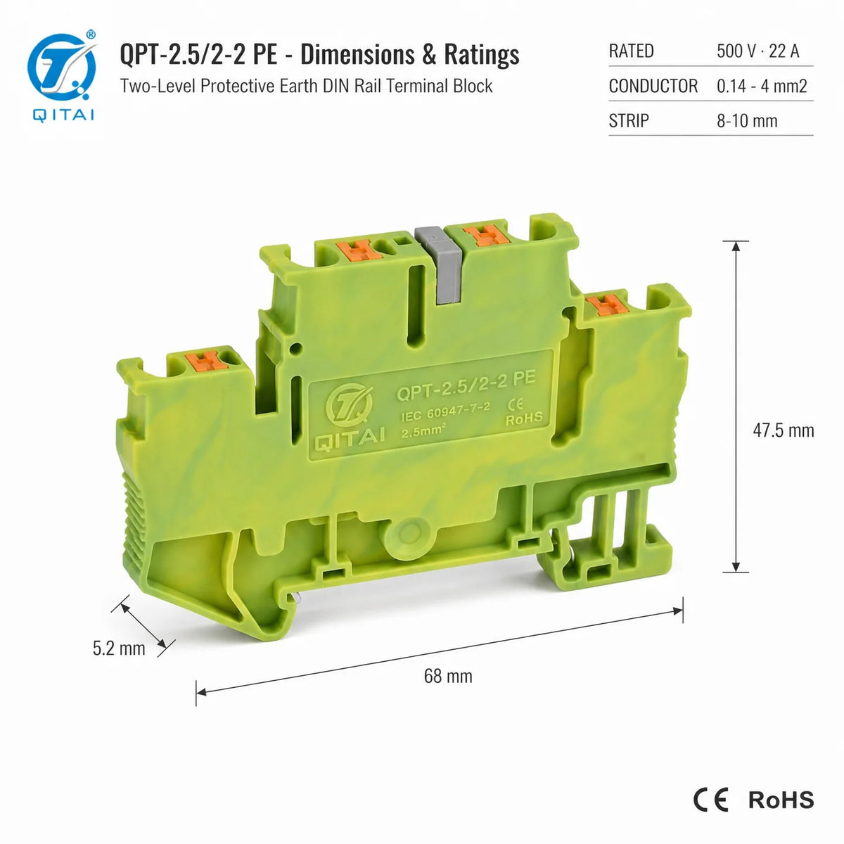 QPT-2.5/2-2PE Double Level Ground Terminal Block 2.5mm2 Push-in Protective Earth 500V 22A for Electrical Panel Wiring