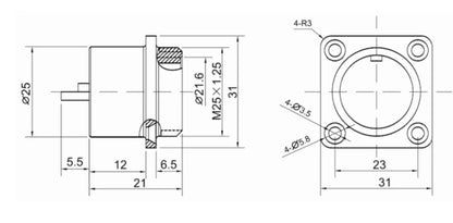 25MF-8H Square Backward Installed Socket H Waterproof Connector GX25 2-18 Pin Circular Flange Cable Connector Aviation