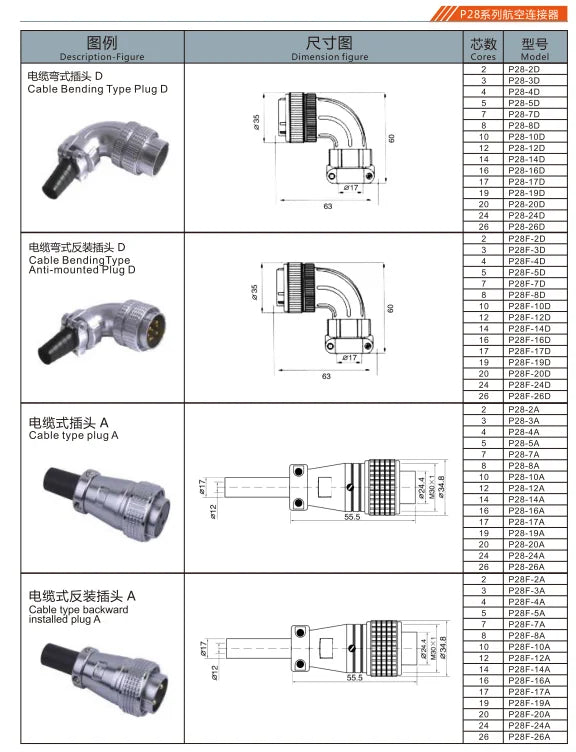 PC28-2A  PC Pipe Cable Type Plug a Waterproof Connector  2-26P Pin Circular Flange Cable Connector Aviation