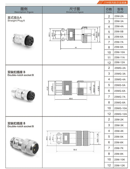 25M-3K Double-notch Socket B Aviation Plug and Socket  2 3 4 5 6 7 8  9 10 11 12 Pin Small Male and Female Connector Hole 25mm